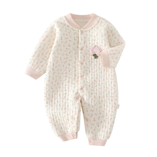 婧麒新生夹棉婴儿衣服连体衣秋冬小月龄宝宝婴幼儿外出服早秋睡衣