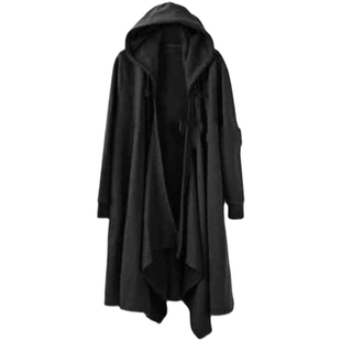 秋季大码风衣男加绒中长款过膝连帽巫师黑袍披风斗篷兜帽大衣外套
