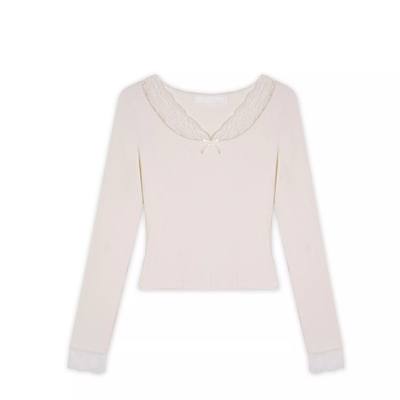 蕾丝拼接花边V领长袖针织衫