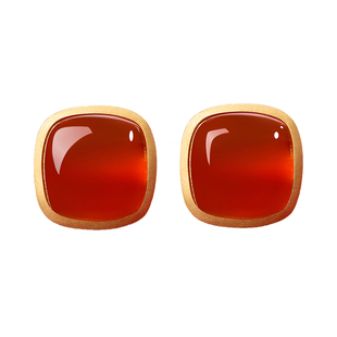 庆祥泰小方糖天然红玛瑙耳钉纯银女士新年本命年生日礼物送女友