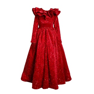 欣入荷高端定制绿色亮片礼服女童长袖荷叶边公主裙气质晚装A字裙