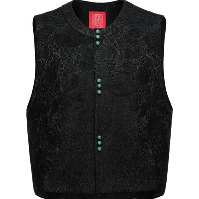 雅莹黑色提花圆领玉石扣马甲