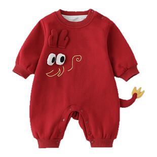 超萌婴儿衣服秋装男宝宝红色连体衣春秋百天周岁新生儿秋款外出服