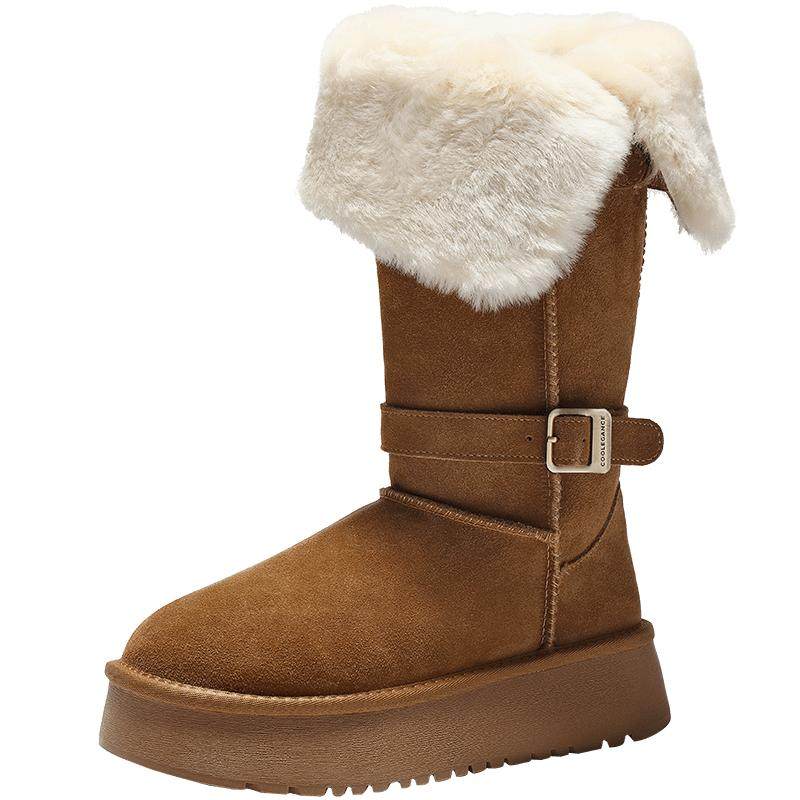 百丽厚底高筒翻毛雪地靴女新款毛毛东北棉鞋冬季长筒靴B3029DG5预