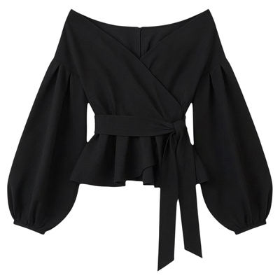 Off-the-shoulder flared sleeve waist top露肩灯笼袖收腰上衣女