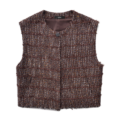 因由 时髦气质叠穿中古咖花呢圆领毛边小短款编织马甲上衣女