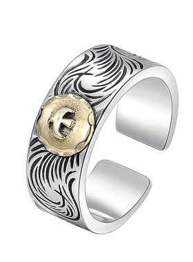 s925纯银男个性镶铜戒指单身羽毛