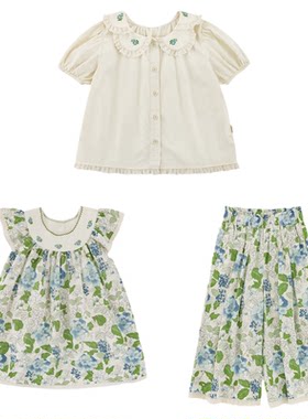 幼悠女童夏季套装蕾丝花边碎花绿叶连衣裙宽松阔腿裤娃娃领衬衫潮