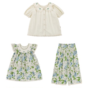 幼悠女童夏季套装蕾丝花边碎花绿叶连衣裙宽松阔腿裤娃娃领衬衫潮