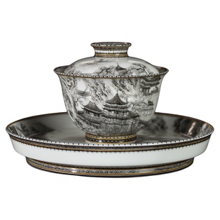 圣山高端墨彩《大明宫词》仿古手绘山水楼阁盖碗茶具景德镇盖碗