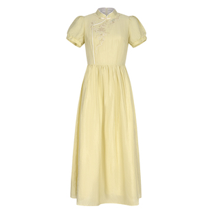 固执夏季新款中式气质立领刺绣短袖中长连衣裙50842LQ09322