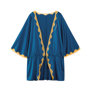 里性 LIVARY MIO 宣言 性感蕾丝真丝睡袍复古晨袍拼接撞色家居服