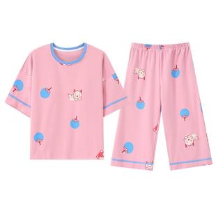 自带胸垫睡衣女夏季薄款纯棉短袖七分裤加肥加大码家居服套装外穿