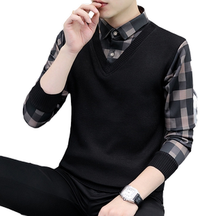 2025冬季假两件毛衣男套头衬衫领马甲针织衫青年韩版潮流背心毛衣