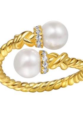 交叉麻花双珍珠戒指女925银