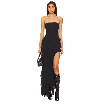 AFRM 抹胸连衣裙黑色显瘦性感风修身开叉礼服长裙REVOLVE小众新款
