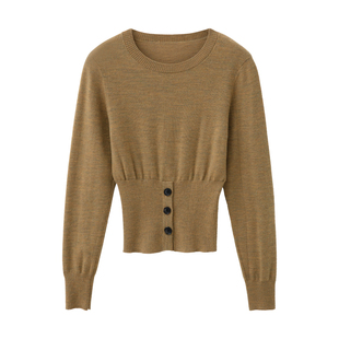 RUISHI芮时亲肤绵羊毛罗纹组织收腰显瘦针织衫短款长袖上衣女秋冬