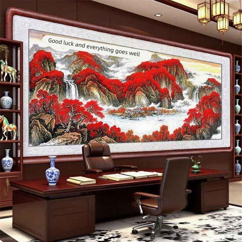 鸿运当头办公室风景国画新中式山水挂画客厅字画沙发背景墙装饰画