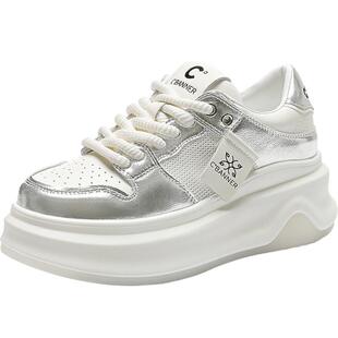 千百度小白鞋女系带松糕新款百搭镂空透气网面运动鞋子女厚底板鞋