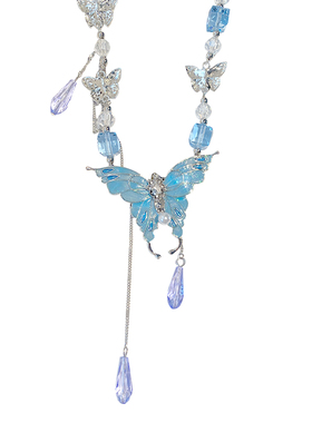 庄周梦蝶~蓝色水晶蝴蝶项链轻奢小众甜酷氛围感锁骨链颈链配饰女