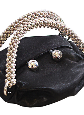 素锦手作复古法式褶皱小众简约经典黑色珍珠手柄绸缎手提包小包包