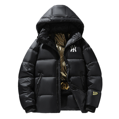 奥特莱斯90白鹅绒黑金羽绒服男重磅连帽2025冬季新款保暖加厚外套