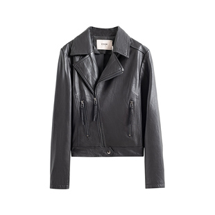 【商场同款】X--MOOM春秋新款翻领拉链不对称机车夹克皮衣外套女