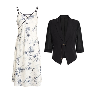 马天奴2026春夏新款新中式西装西服外套吊带印花连衣裙子两件套装
