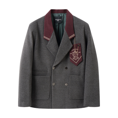 学院风酒红徽章西装外套