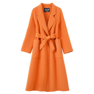 2025新款橙色双面羊绒大衣女反季长款过膝修身收腰减龄羊毛呢外套