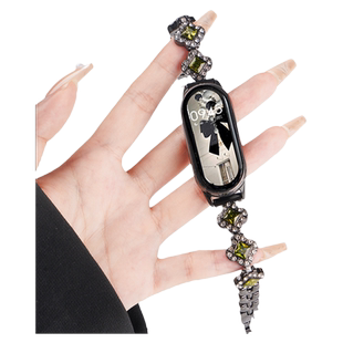 适用小米手环9/8新款施华洛四叶草链式椭圆表带运动NFC智能手环xiaomi八九代女生夏天不锈钢金属表链手链