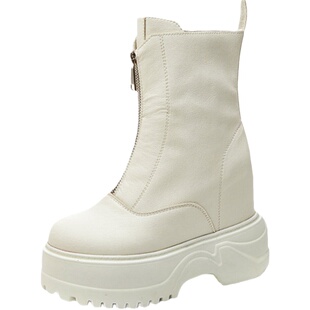 内增高靴子女鞋秋冬2023新款12cm英伦真皮厚底短筒松糕加绒拉链靴