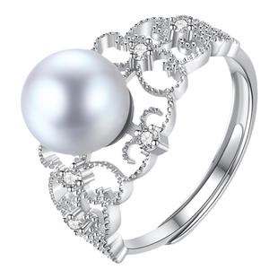 akoya海水珍珠戒指女真多麻色单颗法式复古蕾丝指环开口调节手饰