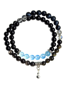 天然黑曜石海蓝宝蓝虎眼双圈手链