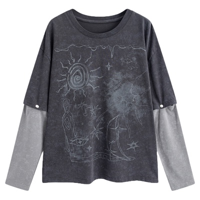 万有引力博物馆「褪色日光」手绘印花可脱卸袖长袖T恤女早春 上衣