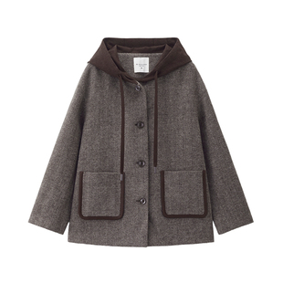 设计师款佐丹奴毛呢外套女装新款假两件拼色宽松连帽夹克18375715