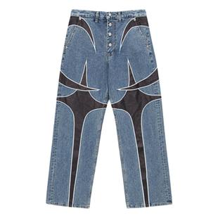 Thug Club 24ss 星月拼接拼皮刺绣牛仔裤 拼色设计立体版型 韩