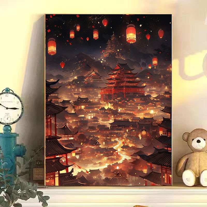 数字油画有难度2024新款客厅古韵阁楼花灯初上建筑40X50diy填色画