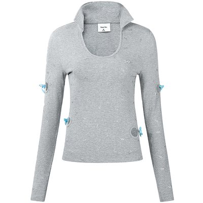 GUUKAHERO浅灰镂空蝴蝶结长袖T恤