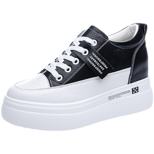 全真皮厚底内增高小白鞋女8CM皮面系带板鞋春秋季网面透气休闲鞋