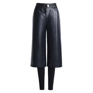 2025秋冬新款海宁真皮皮裤女高腰阔腿九分裤韩版修身假两件七分裤