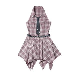 pinksavior【叛逆甜心】格纹收腰夏日连衣裙一字肩防晒上衣学院
