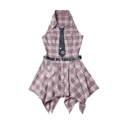 pinksavior【叛逆甜心】格纹收腰夏日连衣裙一字肩防晒上衣学院