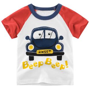3岁男童纯棉短袖T恤小汽车4男孩5宝宝夏装半袖衣服挖掘挖土机图案