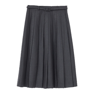 LANCY/朗姿2025冬新款高级感简约羊毛A字百褶裙中长款灰色半身裙