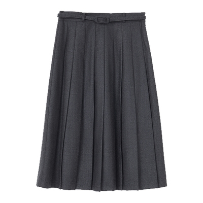 LANCY/朗姿2025冬新款高级感简约羊毛A字百褶裙中长款灰色半身裙