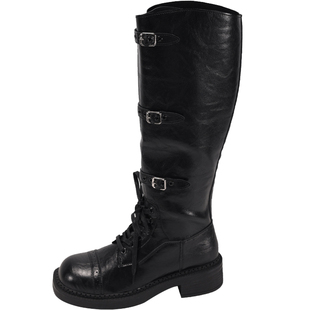 美拉德棕色靴子长筒靴女粗腿2025新款复古西部牛仔厚底高筒骑士靴