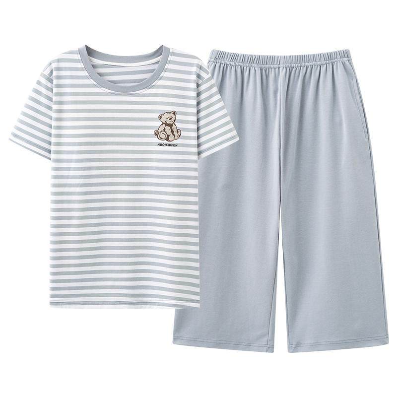 浪莎睡衣女夏季纯棉夏天短袖七分裤带胸垫女士套装大码家居服夏款