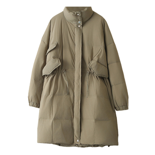 羽绒服女200斤大码胖妹妹抽绳收腰宽松中长款薄款立领白鸭绒外套