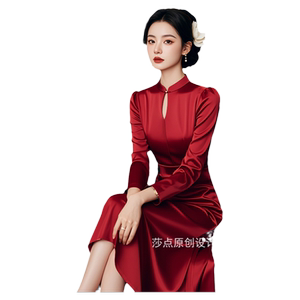 红色醋酸缎面连衣裙中长款收腰显瘦高级感名媛喜婆婆喜妈妈婚宴装